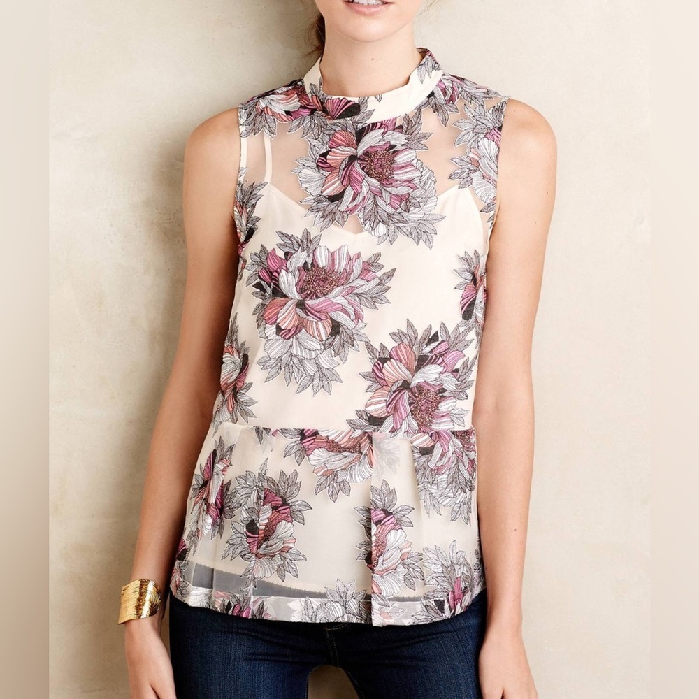 Anthropologie Moulinette Soeurs Terrace Swing Floral Sheer Peplum Cottagecore